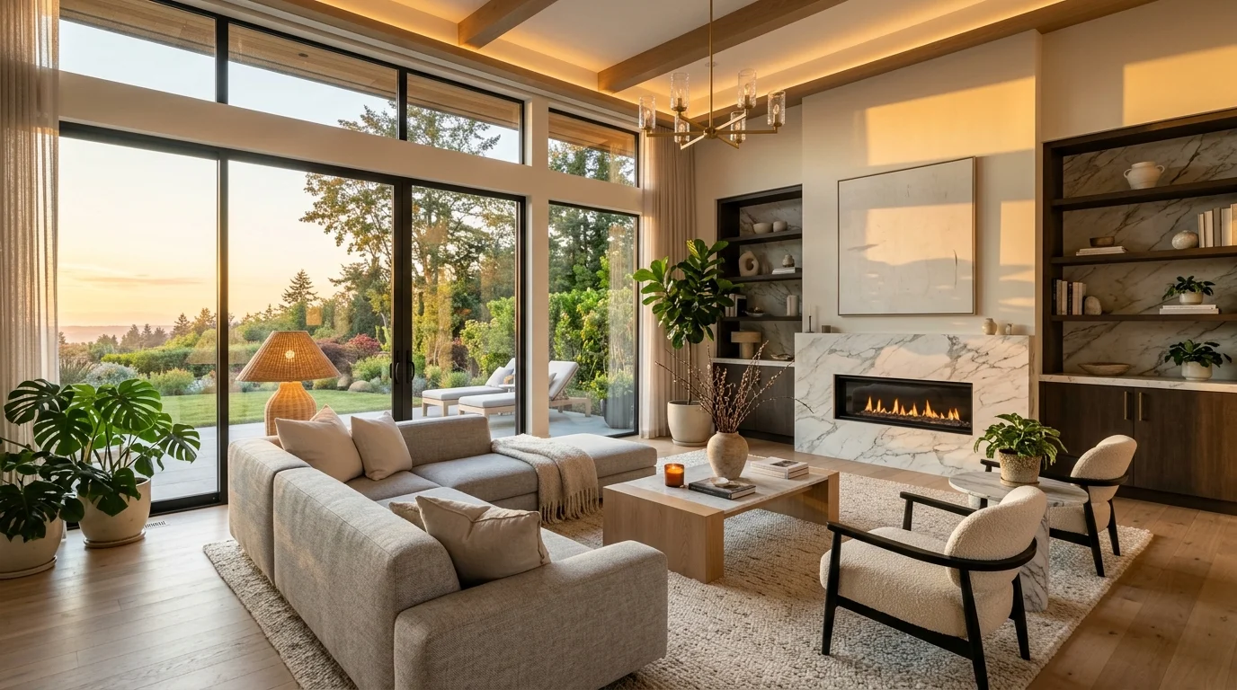 Photorealistic interior render of a luxurious modern living room with natural light