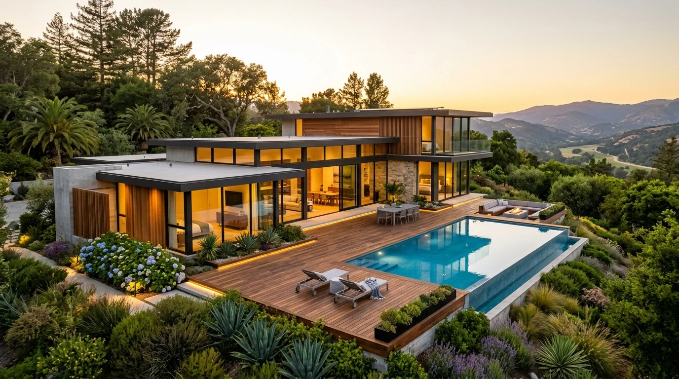 Photorealistic exterior render of a contemporary luxury house with infinity pool and landscaping