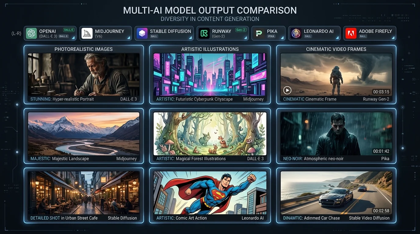 Comparison grid showing outputs from different AI models across image, video, and illustration styles