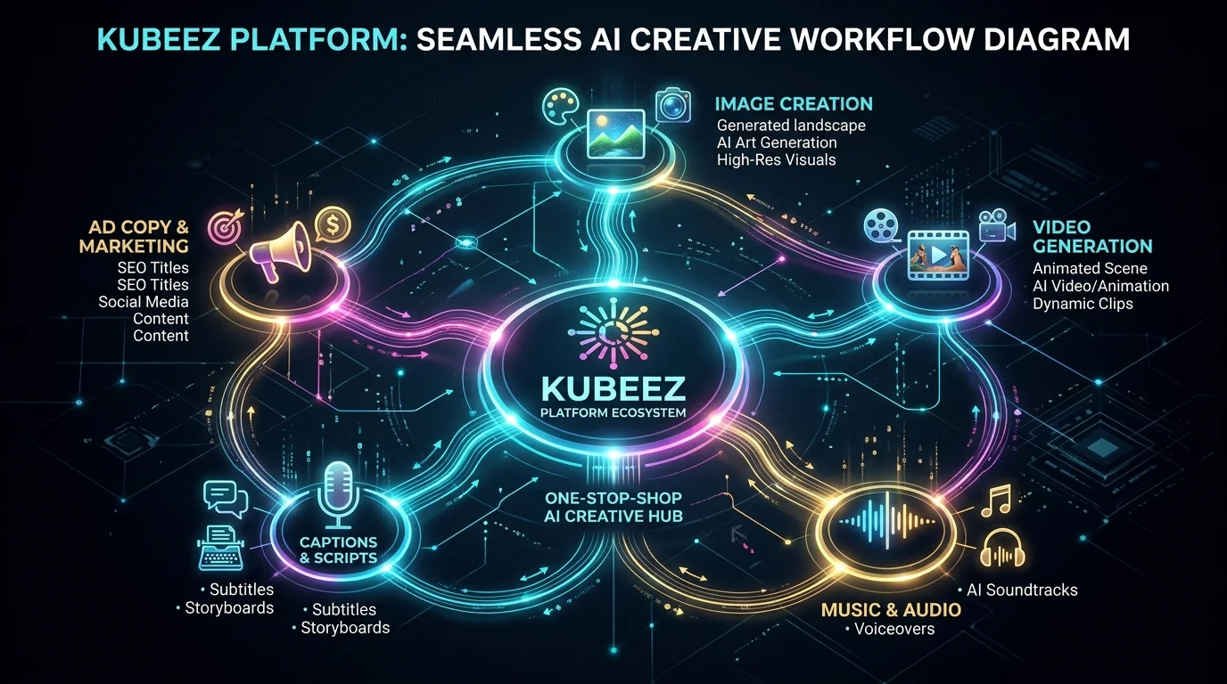 Seamless workflow diagram showing all AI tools connected in one Kubeez ecosystem