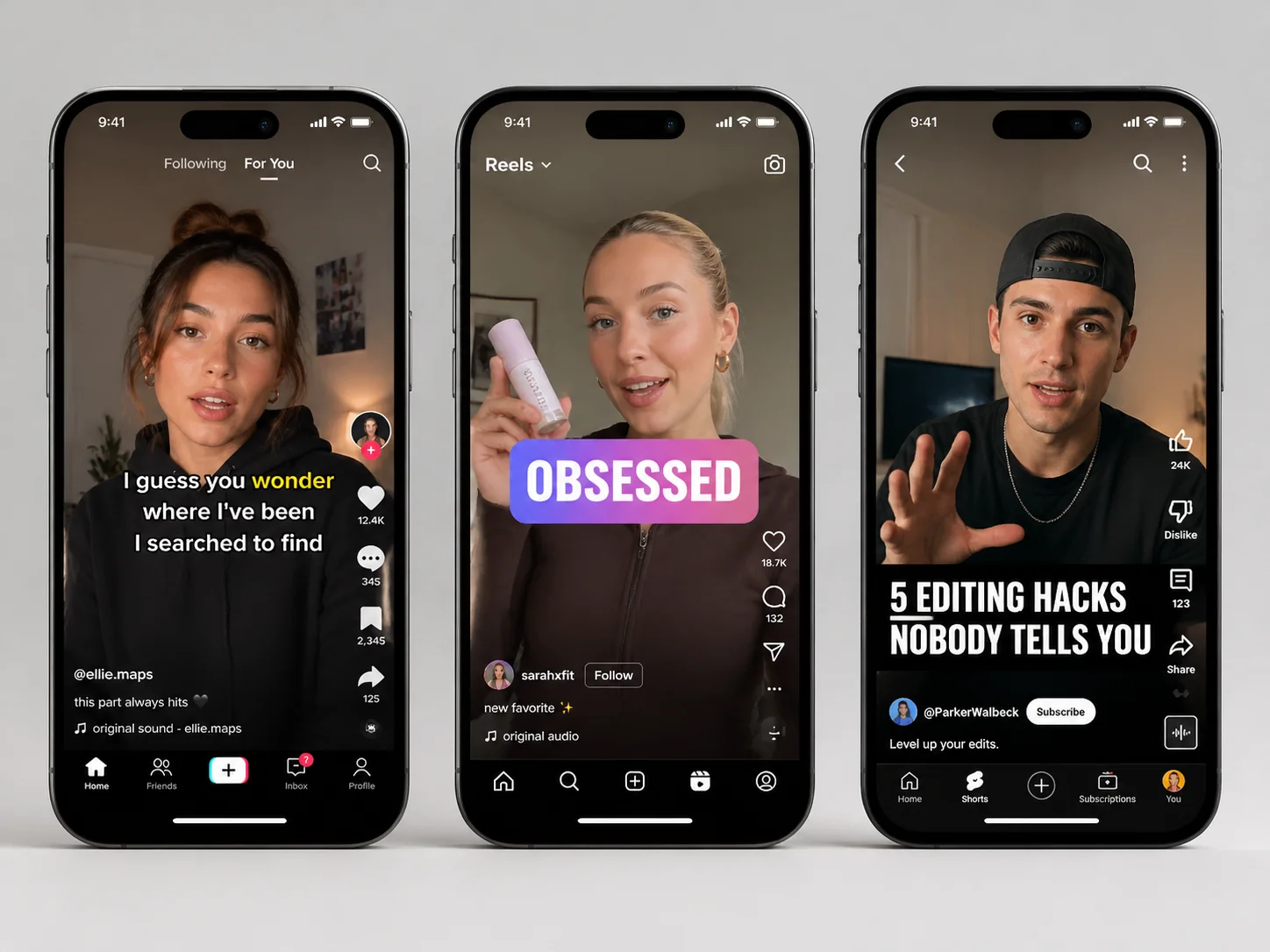 Three vertical iPhones showing different caption styles: TikTok karaoke, Reels gradient, YouTube Shorts bold-bottom