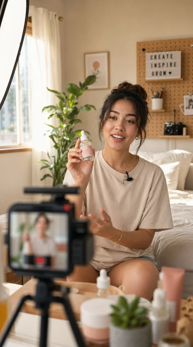 Young creator in a sunlit bedroom-studio recording a vertical talking-head video while holding a skincare product