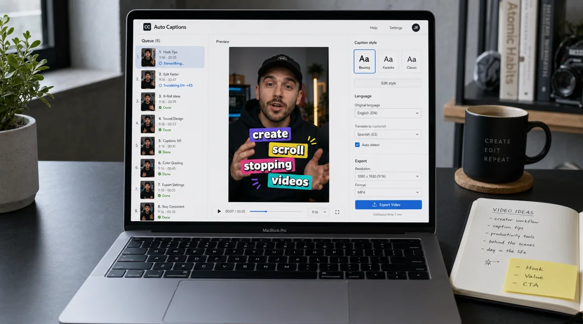 MacBook showing the Kubeez Auto Captions interface with a queue of 8 vertical clips processing in parallel