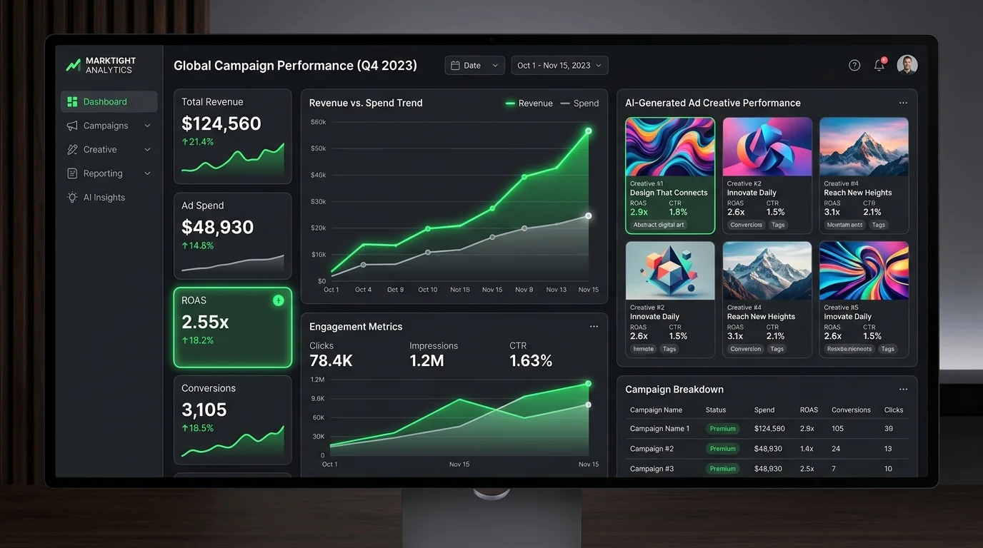 Campaign analytics dashboard showing ROAS, engagement metrics, and content performance