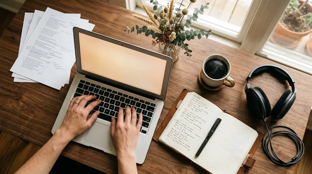Editorial photograph, top-down view of a warm wooden desk with hands gently typing on a minimal laptop beside a leather notebook, a fountain pen, a mug of coffee, headphones, and dried flowers in soft window light