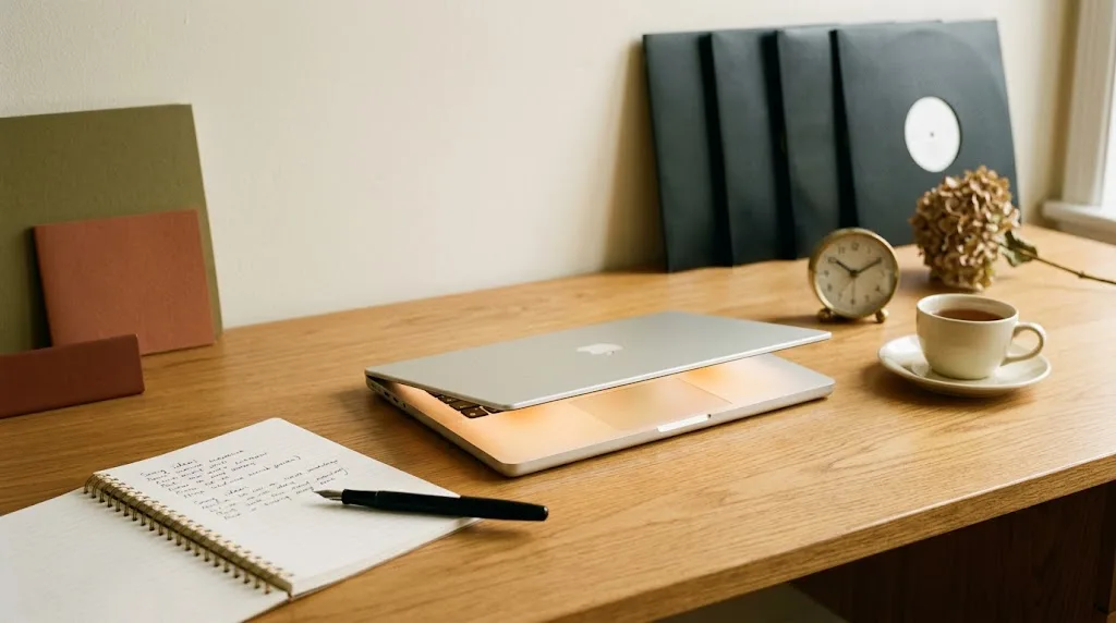 Editorial still life: a warm wooden desk with a half-open notebook of handwritten lyrics, a fountain pen, a minimal laptop, four identical matte-black vinyl sleeves lined up, an analog brass clock, and a tea cup in soft daylight