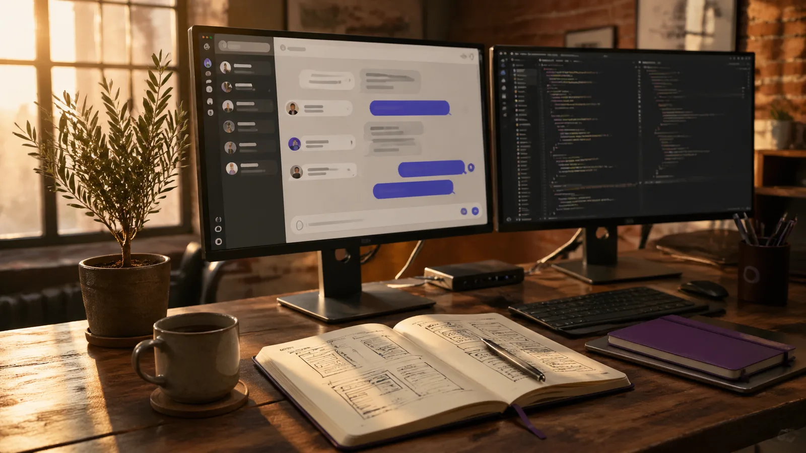 Warm-loft creative agency desk at golden hour with two monitors showing chat interface and code, an open Moleskine with sketched wireframes, an olive plant — the kind of workspace where Kubeez referrals start paying off