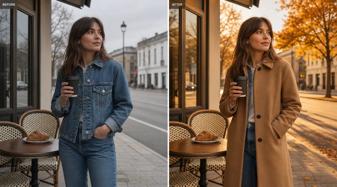 Before and after split frame of the same woman at a café, left flat grey daylight, right warm golden-hour with a camel coat, showing Gemini Omni conversational video editing