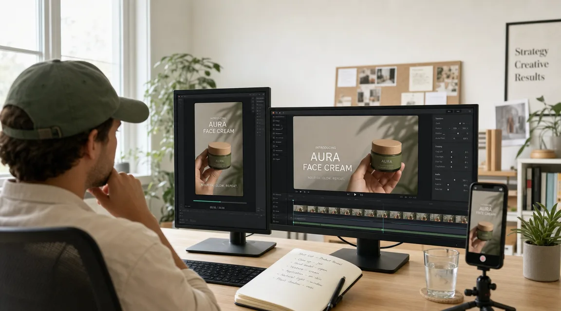 Content creator at a dual-monitor workstation reviewing the same clip in 9:16 and 16:9, Kinfolk-style editorial photo for one-source multi-format Gemini Omni video