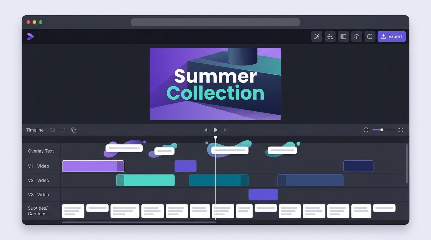 KubeezCut timeline with video, audio, text overlay, and captions tracks