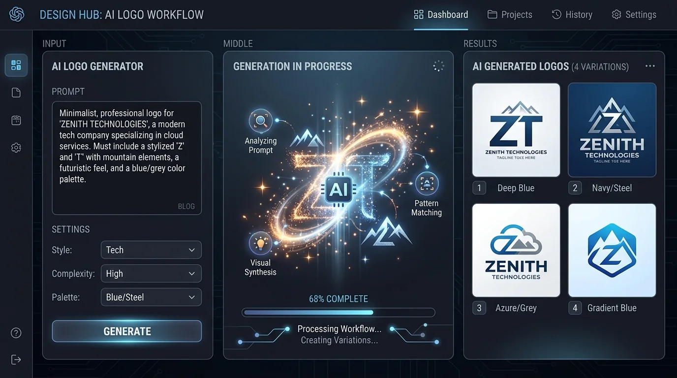 Logo design process showing prompt input and AI-generated logo variations