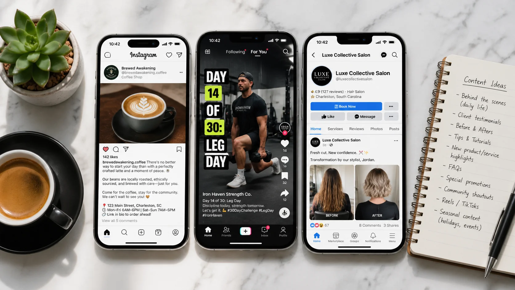 Top-down flat-lay of three vertical phones showing Instagram, TikTok, and Facebook feeds for a coffee shop, gym, and hair salon