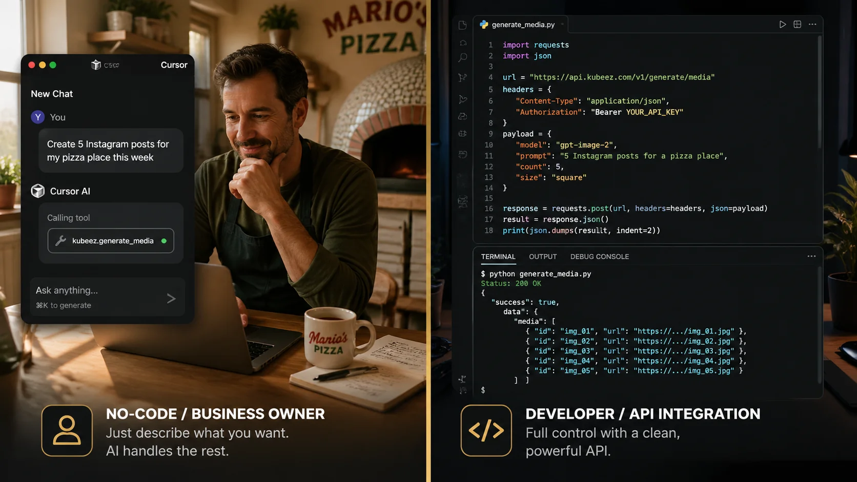Split-screen: AI assistant chat creating Instagram posts on the left, developer terminal sending a Kubeez API request on the right