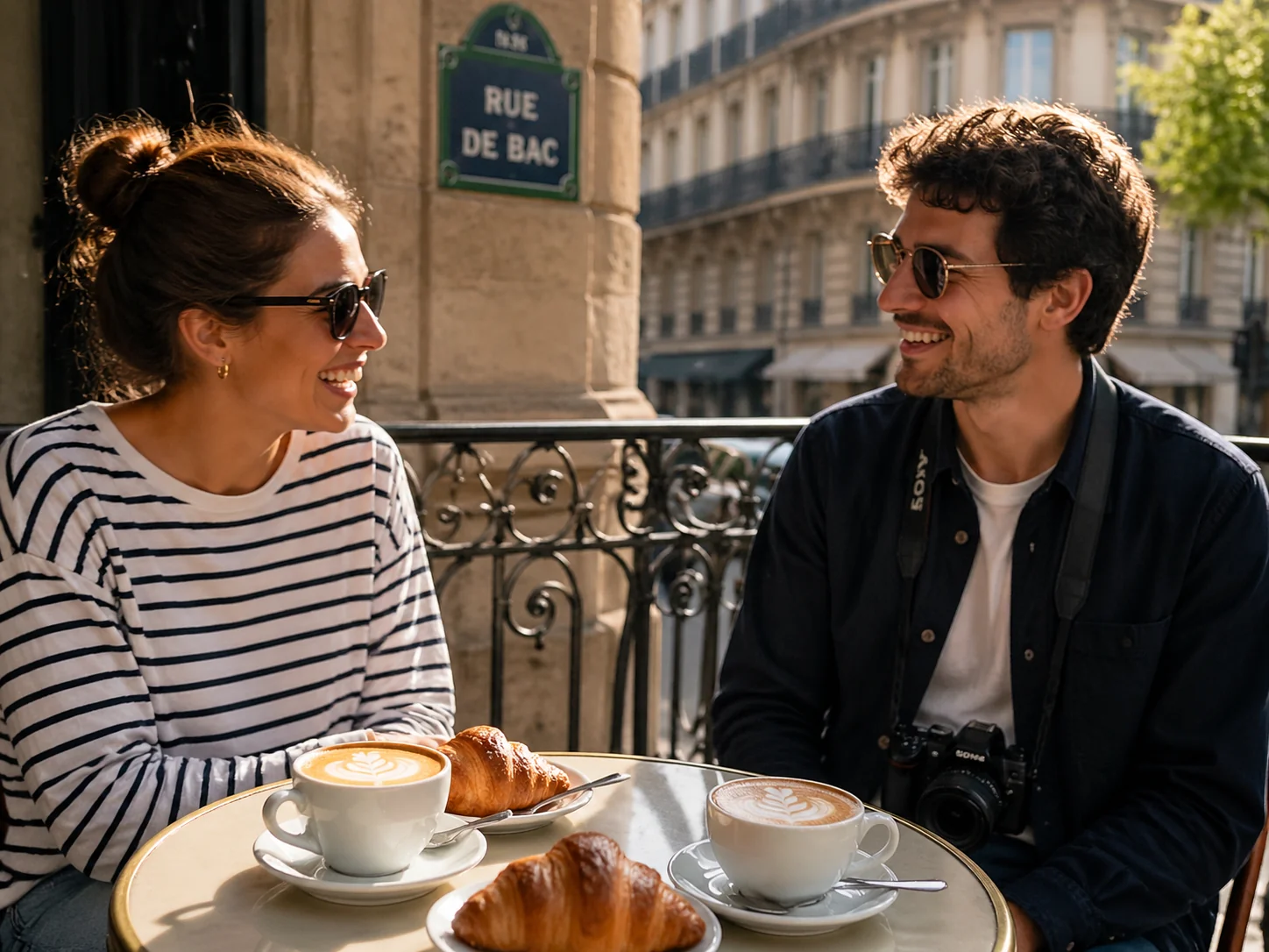Candid lifestyle photograph of a young couple having brunch on a sunny Parisian terrace with cappuccinos and croissants