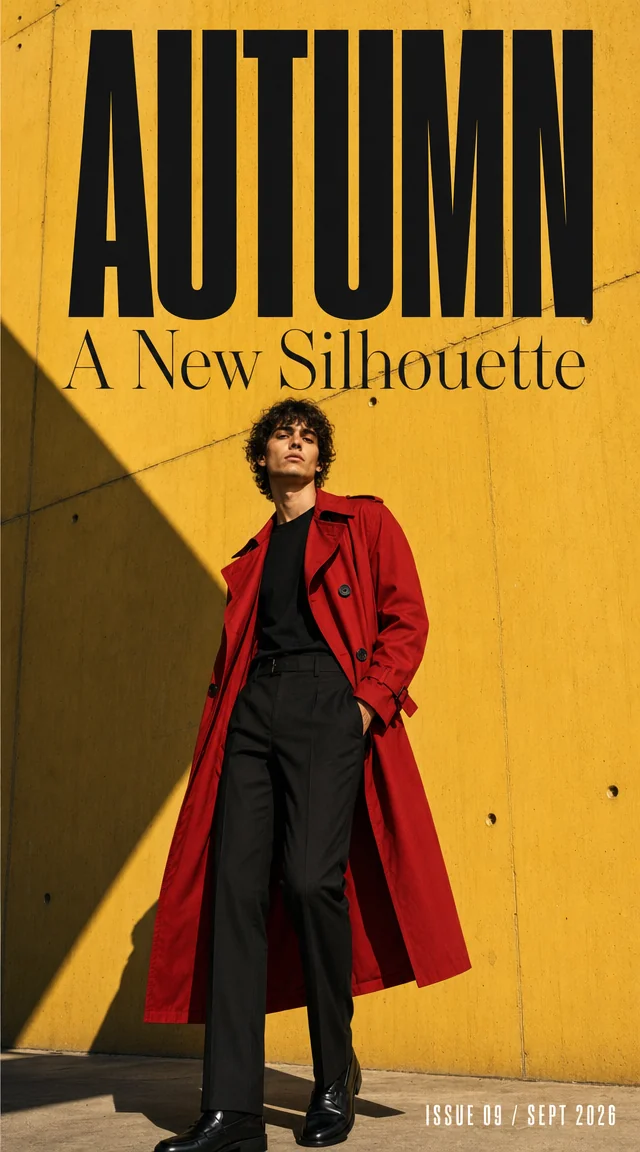 Vertical fashion campaign poster: a model in a red trench coat against a yellow brutalist wall with bold display typography
