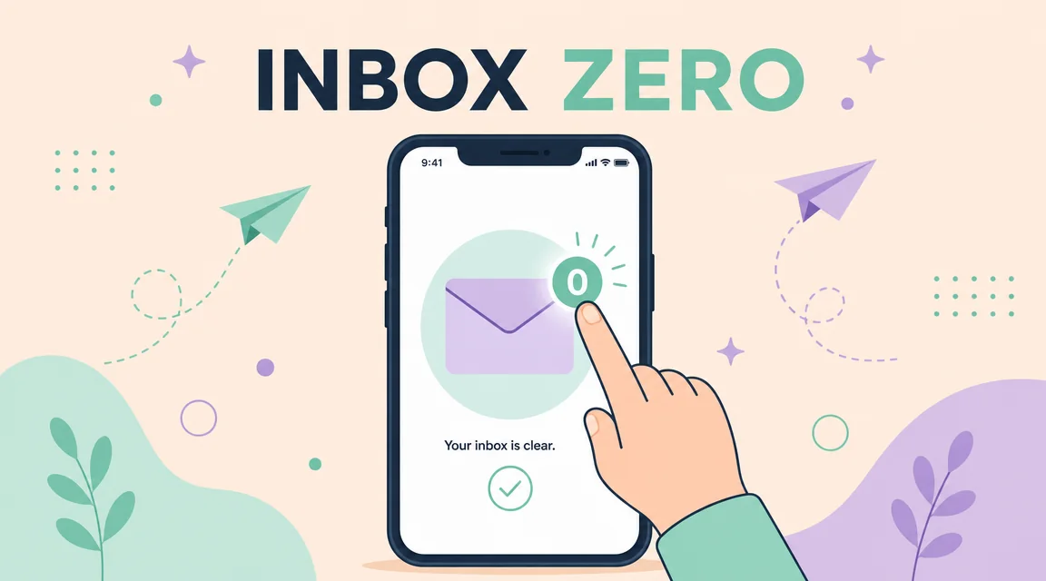 Flat vector illustration banner of a hand reaching for a notification on a phone with the label "INBOX ZERO"
