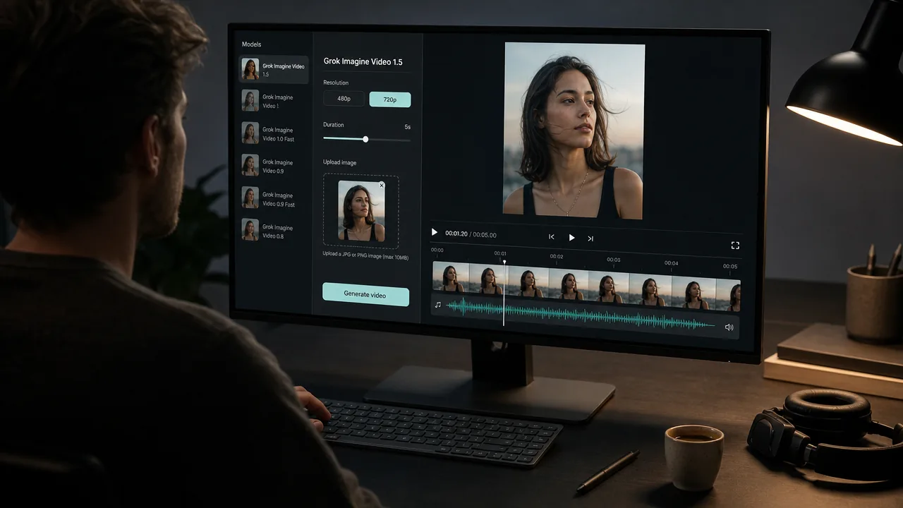 Kubeez video workspace showing the Grok Imagine Video 1.5 model card with 480p and 720p variants