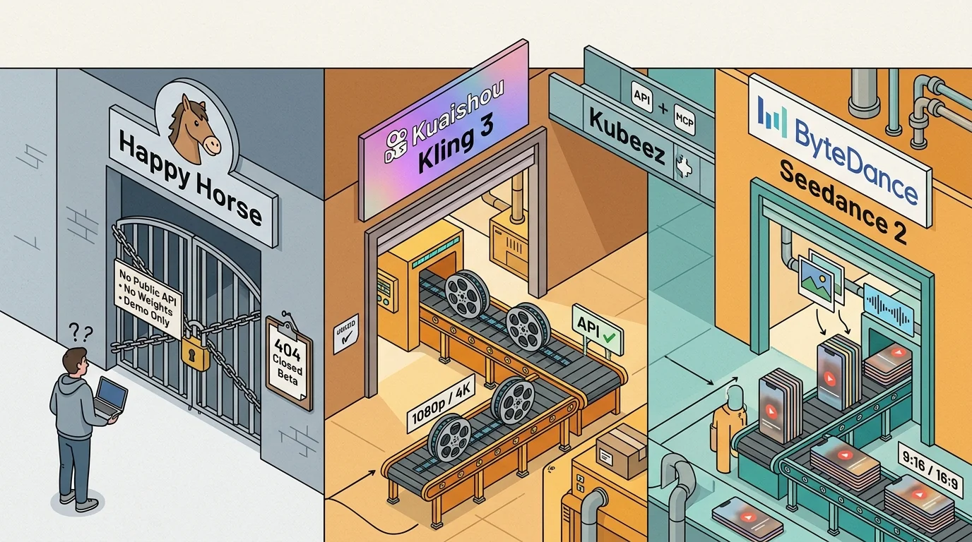 Editorial isometric diagram — three "factory" gates: Happy Horse padlocked shut with a "No Public API • No Weights • Demo Only" sign and a developer locked outside; Kling 3 factory open with cinematic film reels; Seedance 2 factory open with multimodal pipes feeding social-format videos; a Kubeez skybridge connects the working factories
