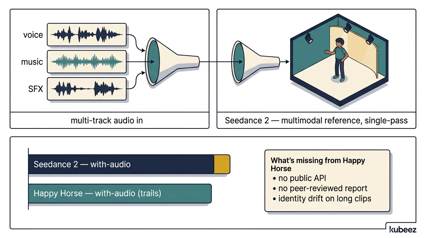 Four-panel editorial diagram — multi-track audio funnel feeding into Seedance 2 single-pass multimodal generation; Elo bar chart showing Seedance 2 with-audio above Happy Horse with-audio; bullet list of Happy Horse gaps: no public API, no peer-reviewed report, identity drift on long clips