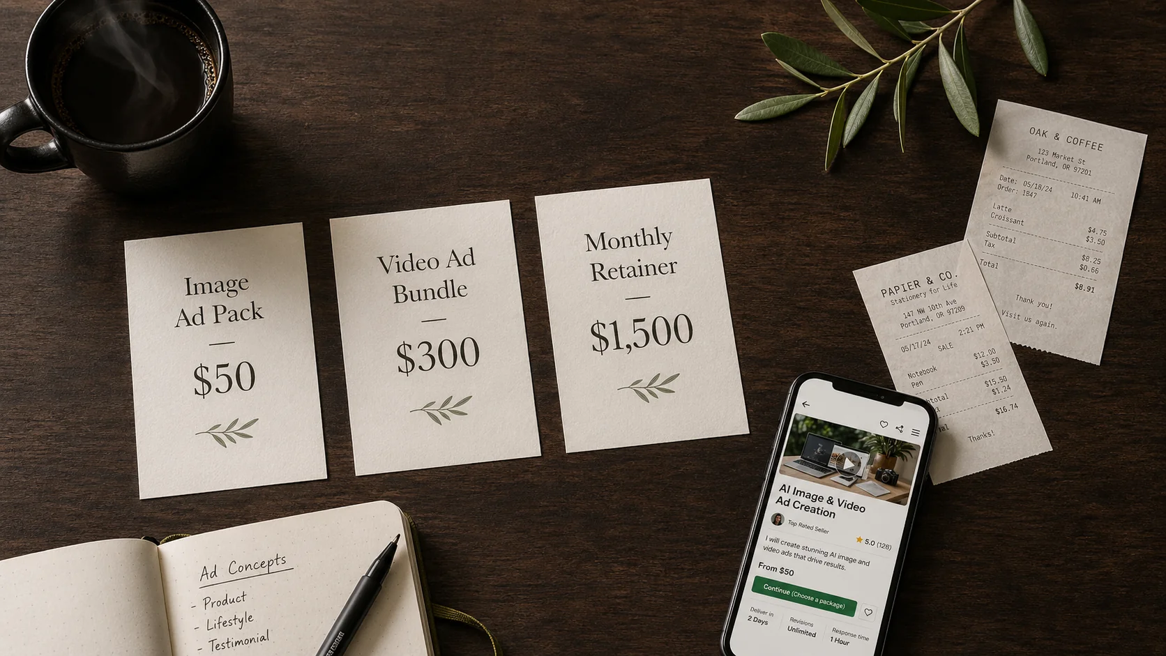 Top-down flat-lay on a dark walnut desk showing three printed package cards — Image Ad Pack at $50, Video Ad Bundle at $300, Monthly Retainer at $1,500 — next to a smartphone showing an AI Image and Video Ad Creation gig page, the menu freelancers actually sell