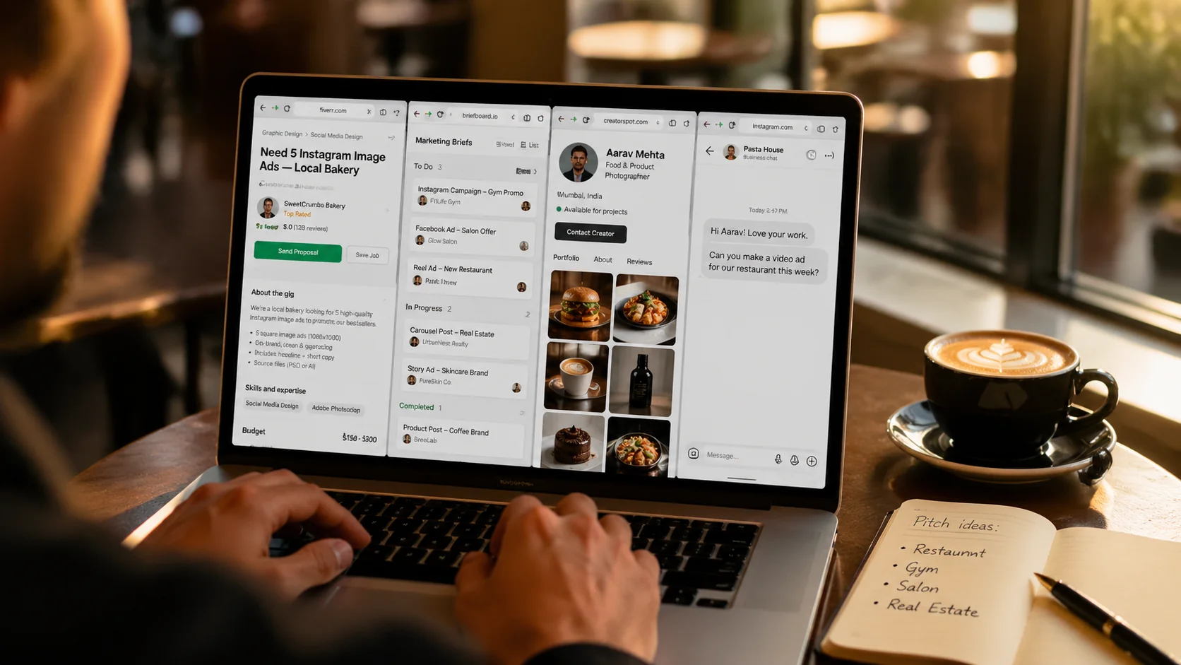 Over-the-shoulder shot of a freelancer's laptop on a cafe table showing four browser tabs — a freelance gig listing for a local bakery, a project board, a creator-network portfolio, and an Instagram DM from a restaurant owner — with a notebook listing pitch ideas for Restaurant, Gym, Salon, and Real Estate clients