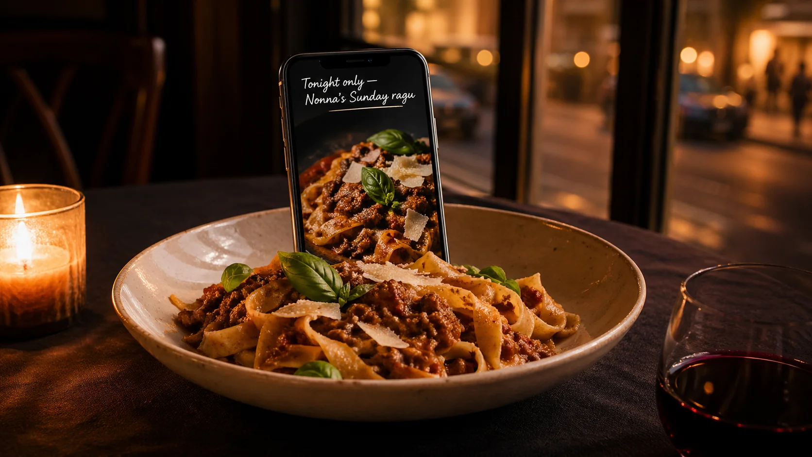 Restaurant table at golden hour — a real plate of slow-braised ragu pasta with basil and parmesan, a smartphone leaning against the plate showing the matching AI-generated 1:1 Instagram post styled like a magazine cover, candlelight and a glass of red wine, the contrast between the real dish and the ready-to-post social asset