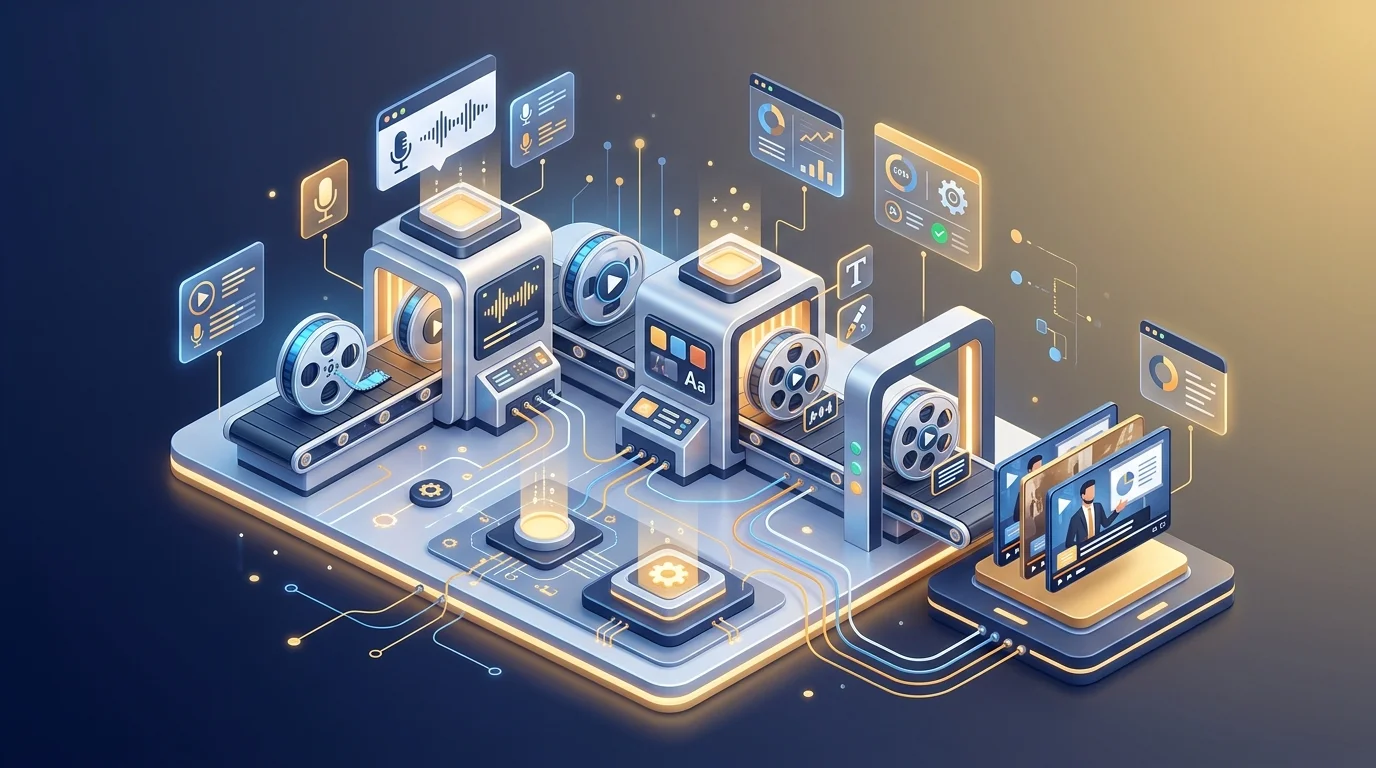 Isometric illustration of an automated pipeline from raw video through transcription and styled captions