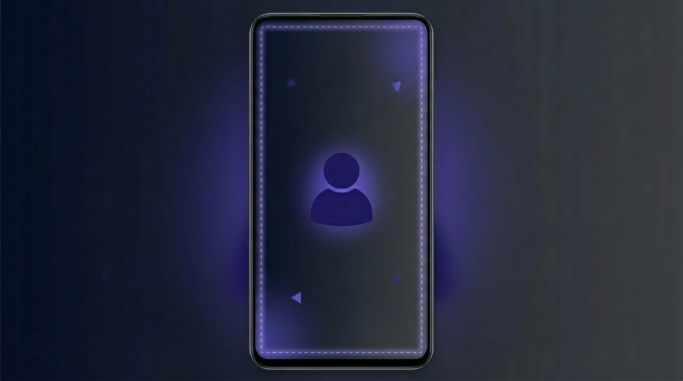 Abstract 9:16 phone frame with soft safe-area overlay and center-weighted subject — vertical safe zone concept