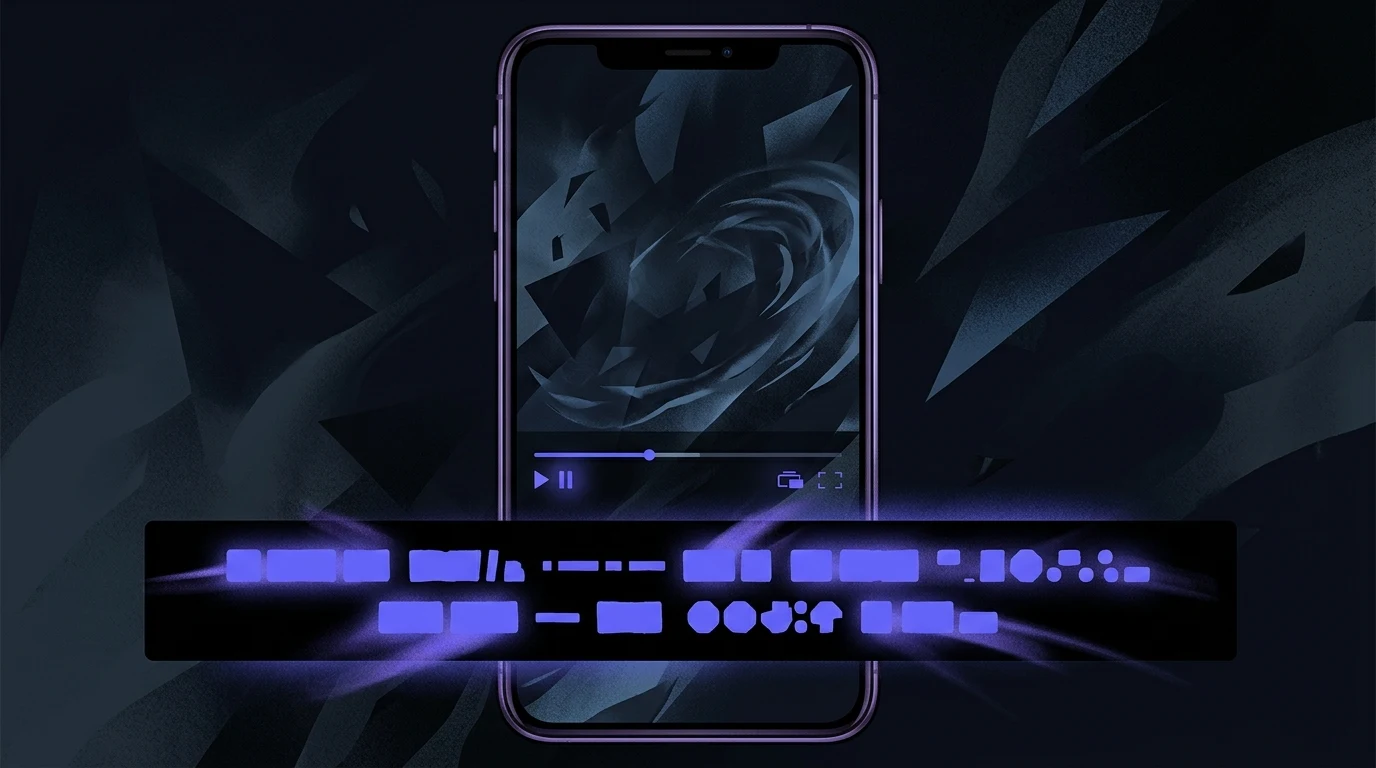 Concept: video frame with bold subtitle bar and high-contrast text — burned-in captions for silent viewing