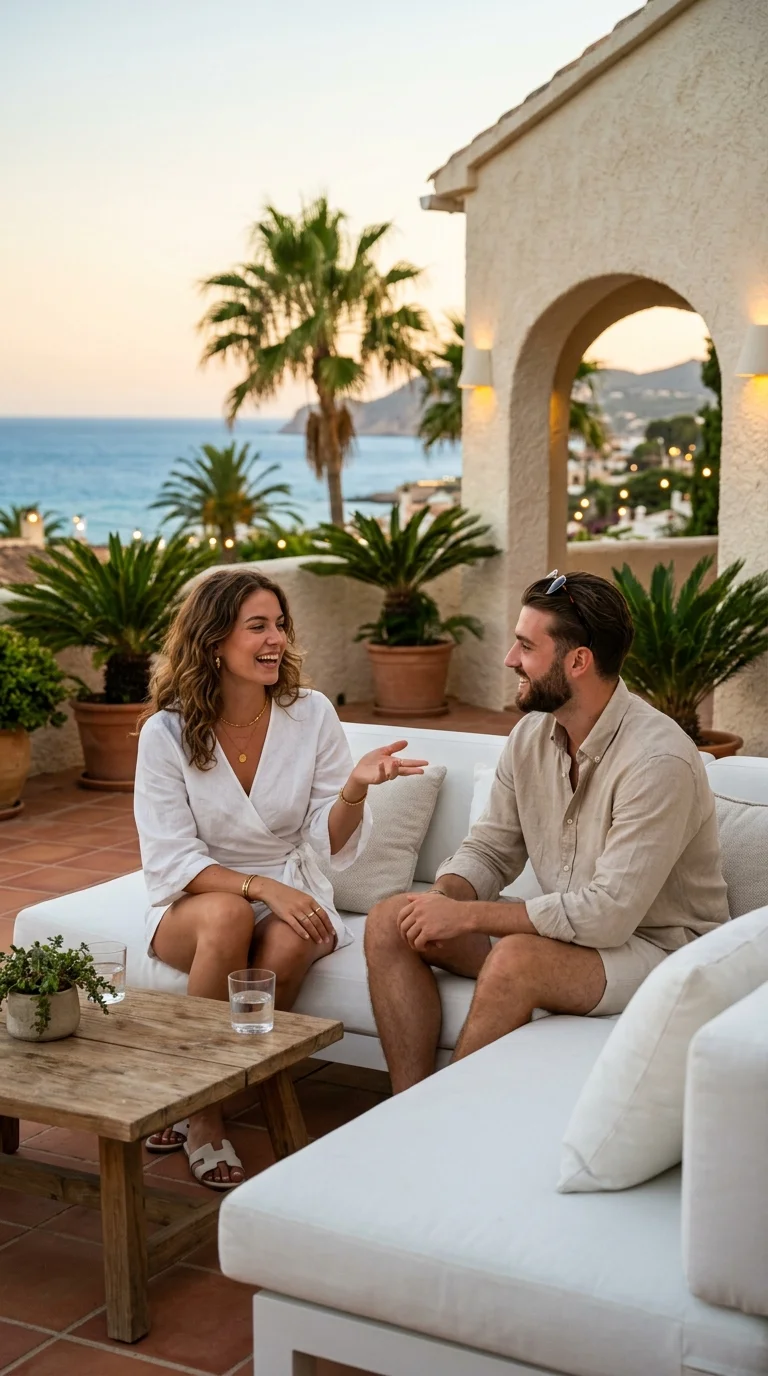 Terrace scene still — two cast-style characters in Mediterranean villa setting, Nano Banana 2