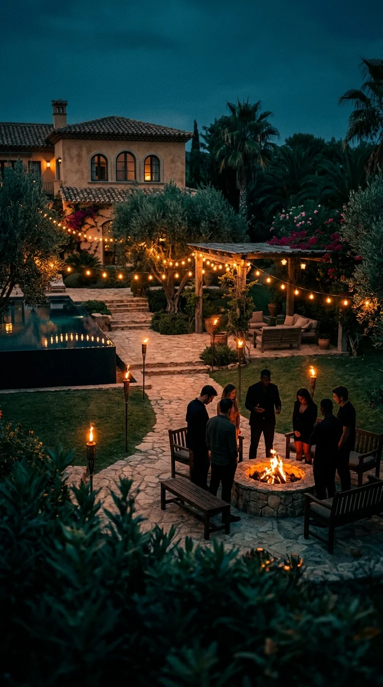 Night villa gathering — string lights and fire pit mood, Nano Banana 2