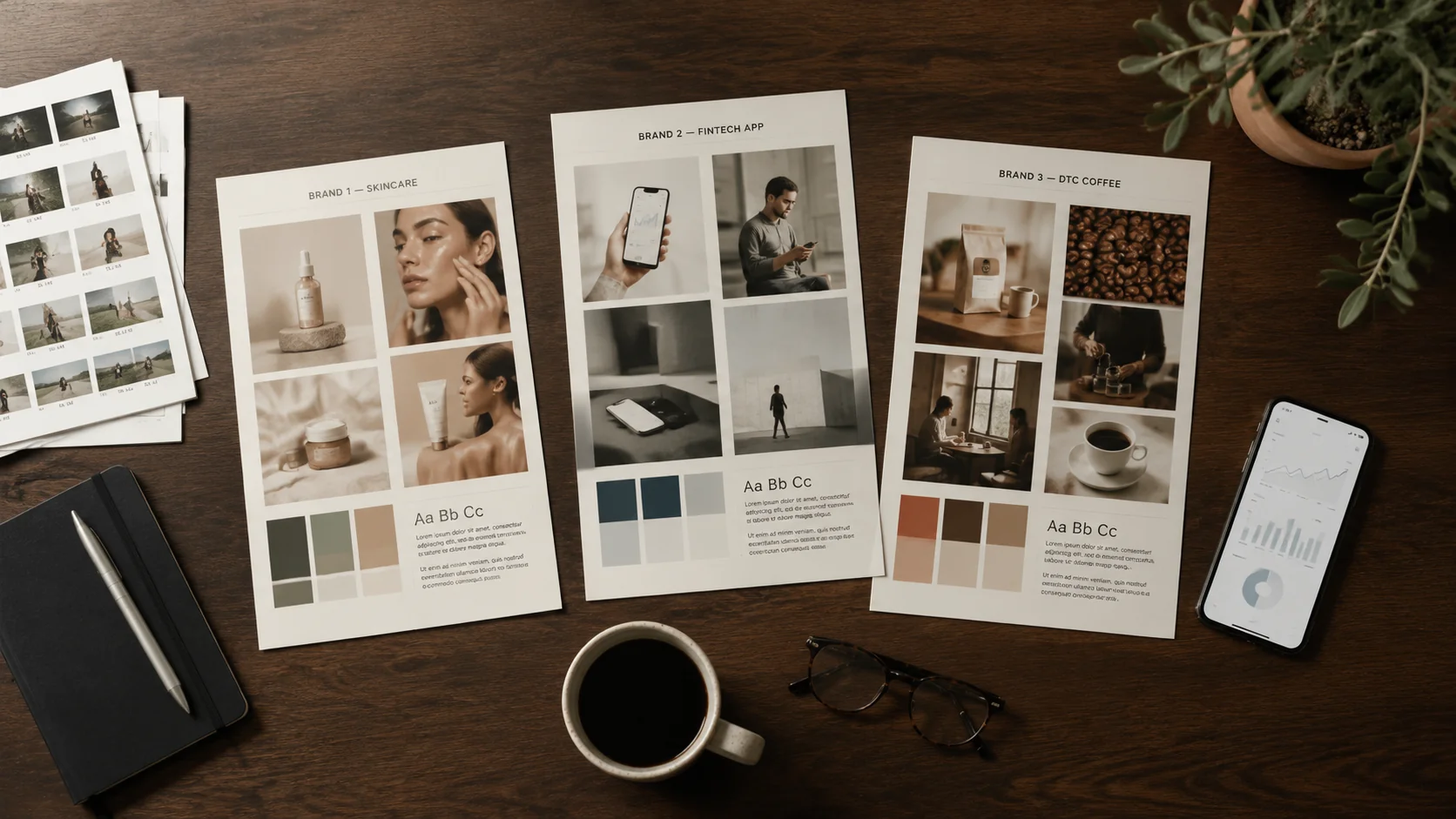 Top-down flat-lay of three labeled mood boards on a walnut conference table — SKINCARE, FINTECH APP, DTC COFFEE — each with printed ad thumbnails, color swatches, and typography samples, surrounded by a moleskine, glasses, and stoneware coffee