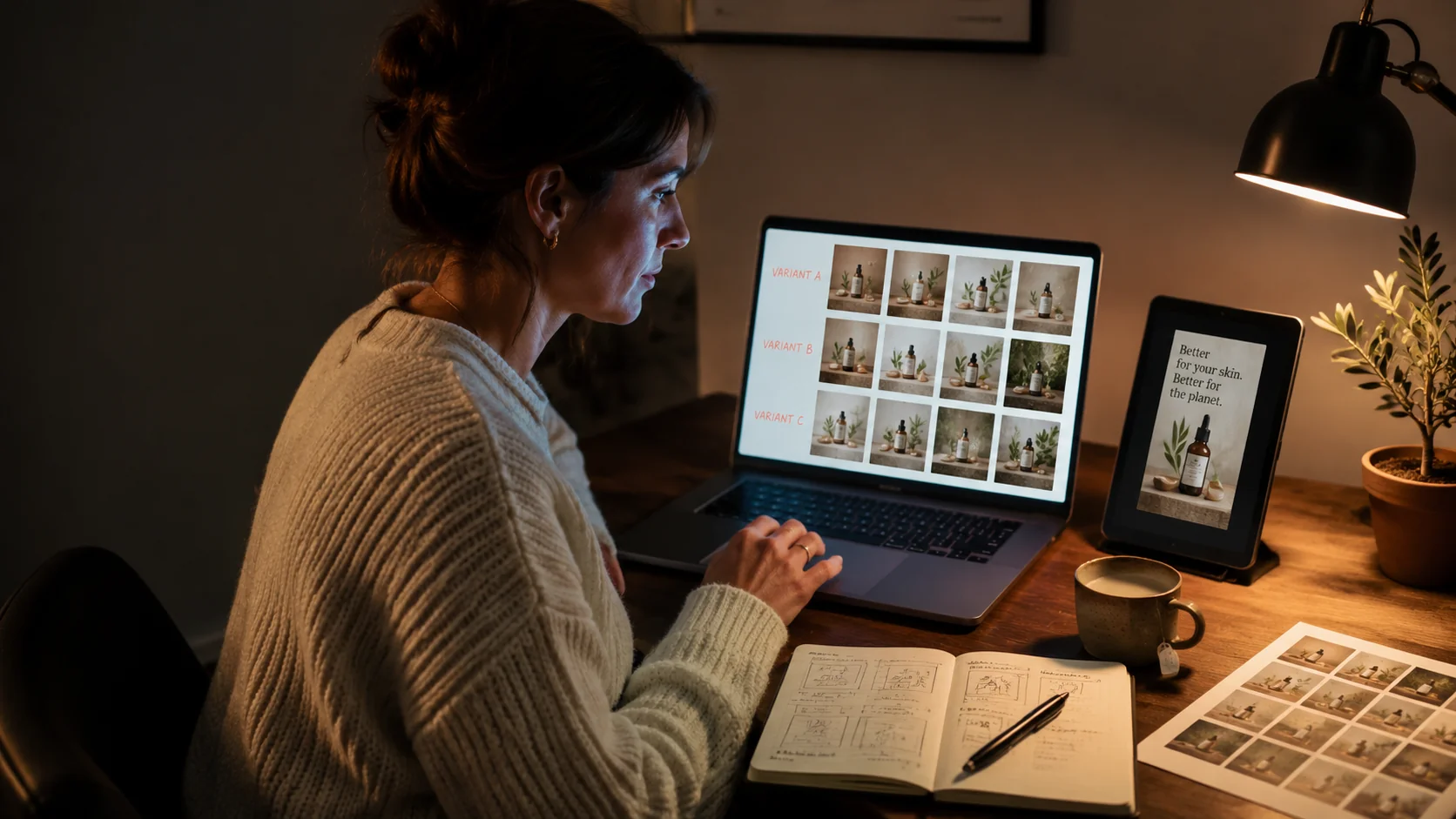 Single agency operator at a walnut desk reviewing a laptop displaying a 4x3 grid of ad creative thumbnails labeled VARIANT A, B, C, with a second screen showing a vertical 9:16 ad mockup, warm tungsten lamp light, cream knit sweater