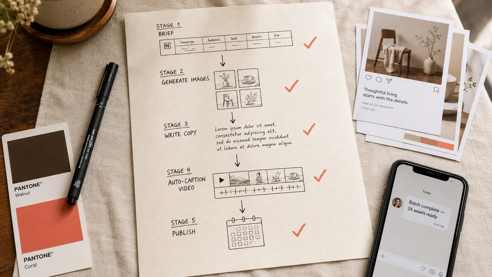 Top-down editorial flat-lay of a hand-drawn 5-stage workflow on cream paper — labeled BRIEF, GENERATE IMAGES, WRITE COPY, AUTO-CAPTION VIDEO, PUBLISH — coral checkmarks next to each stage, surrounded by a fineliner pen, a Pantone color swatch, printed Instagram post mockups, and a phone showing the message "Batch complete — 24 assets ready"