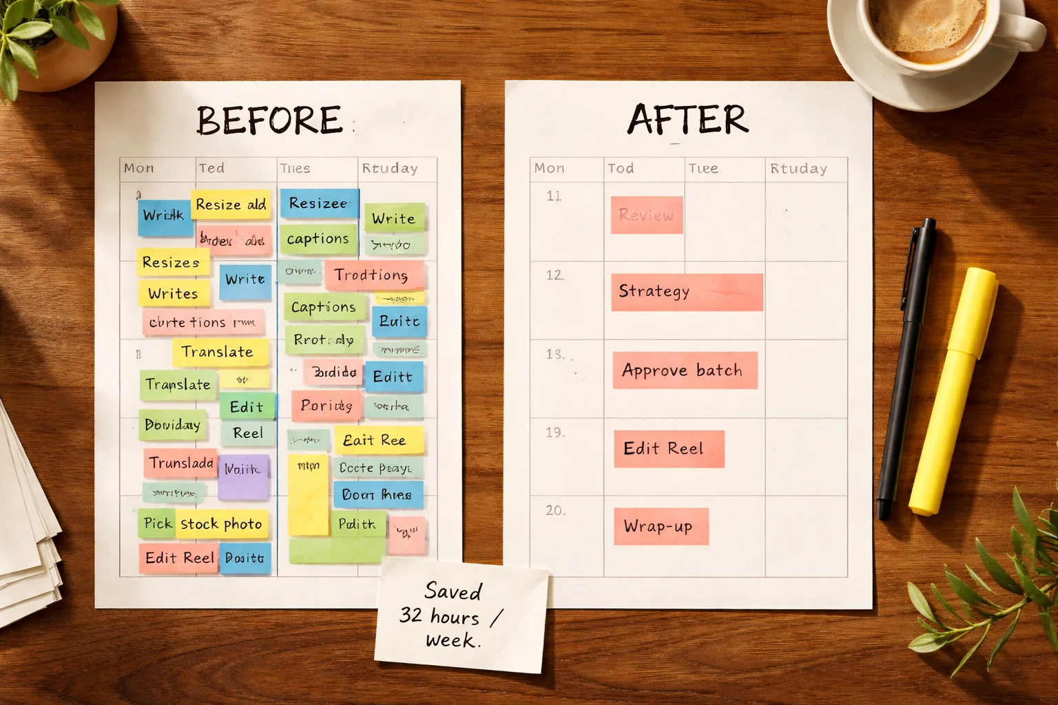 Top-down editorial photo of two side-by-side weekly calendars on a walnut desk: left page labeled BEFORE handwritten in marker, Mon-Fri densely overlapped with colored blocks reading Resize ads, Write captions, Translate, Pick stock photo, Edit Reel; right page labeled AFTER, mostly clean white with two or three small coral blocks per day reading Review, Strategy, Approve batch; small typed note between them reading "Saved 32 hours / week"