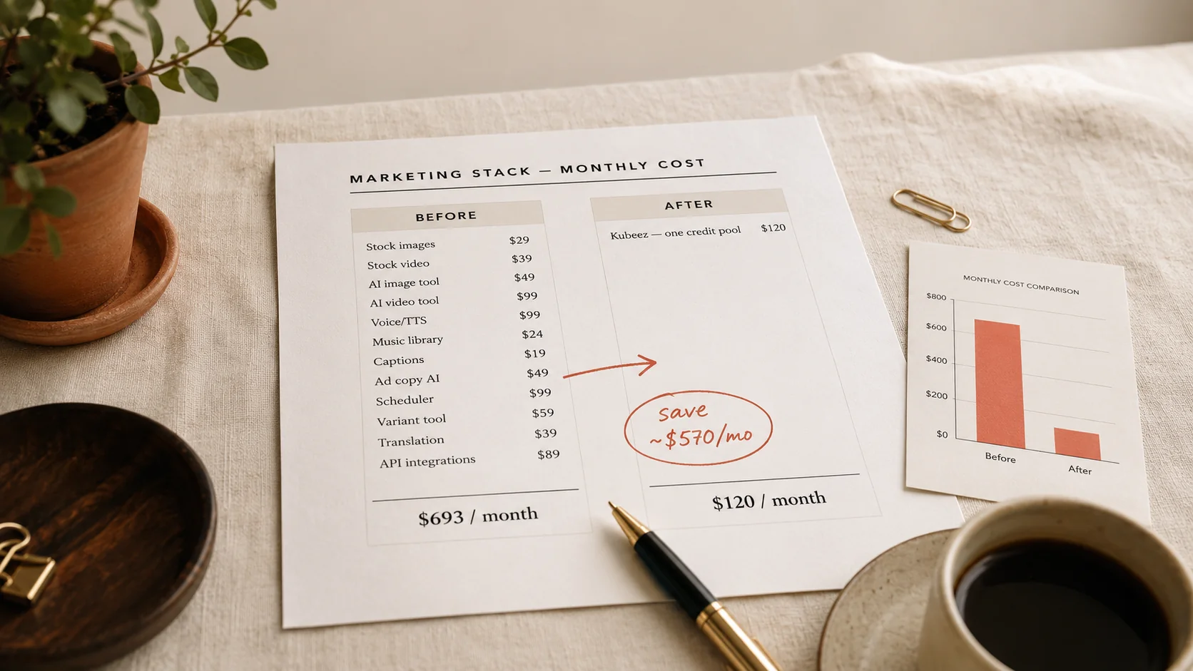 Editorial flat-lay of a printed marketing stack budget worksheet showing BEFORE column totaling $693/mo and AFTER column reading Kubeez $120/mo with a coral handwritten arrow