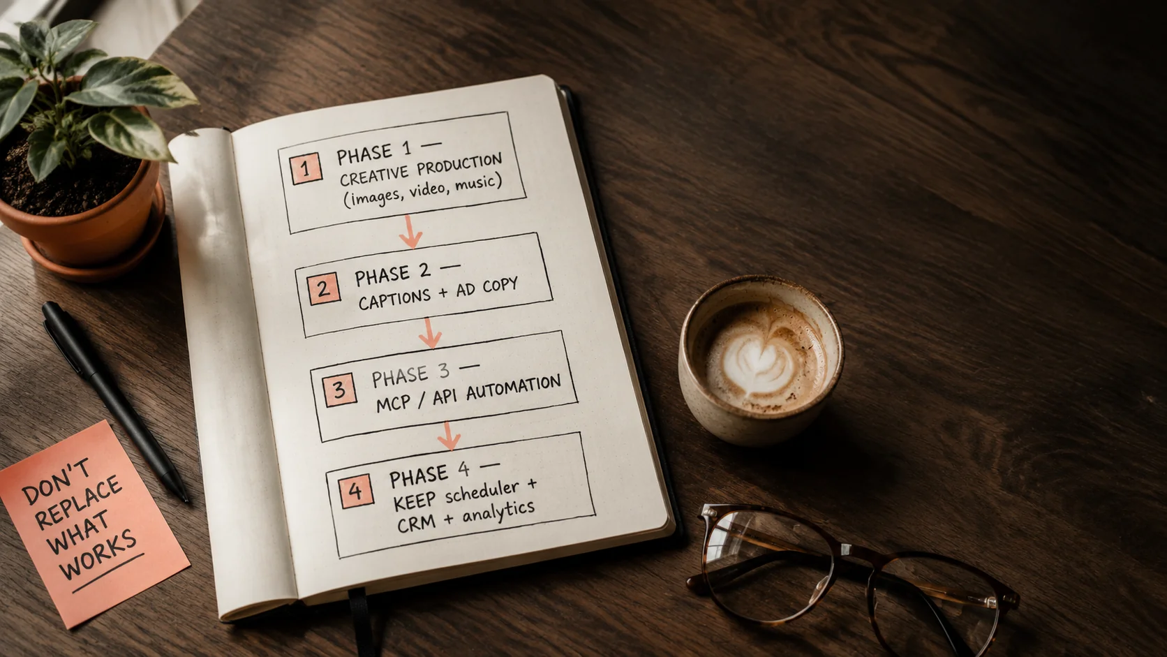 Hand-drawn 4-phase migration roadmap on a notebook page showing CREATIVE PRODUCTION, CAPTIONS plus AD COPY, MCP API AUTOMATION, KEEP scheduler CRM analytics with coral arrows