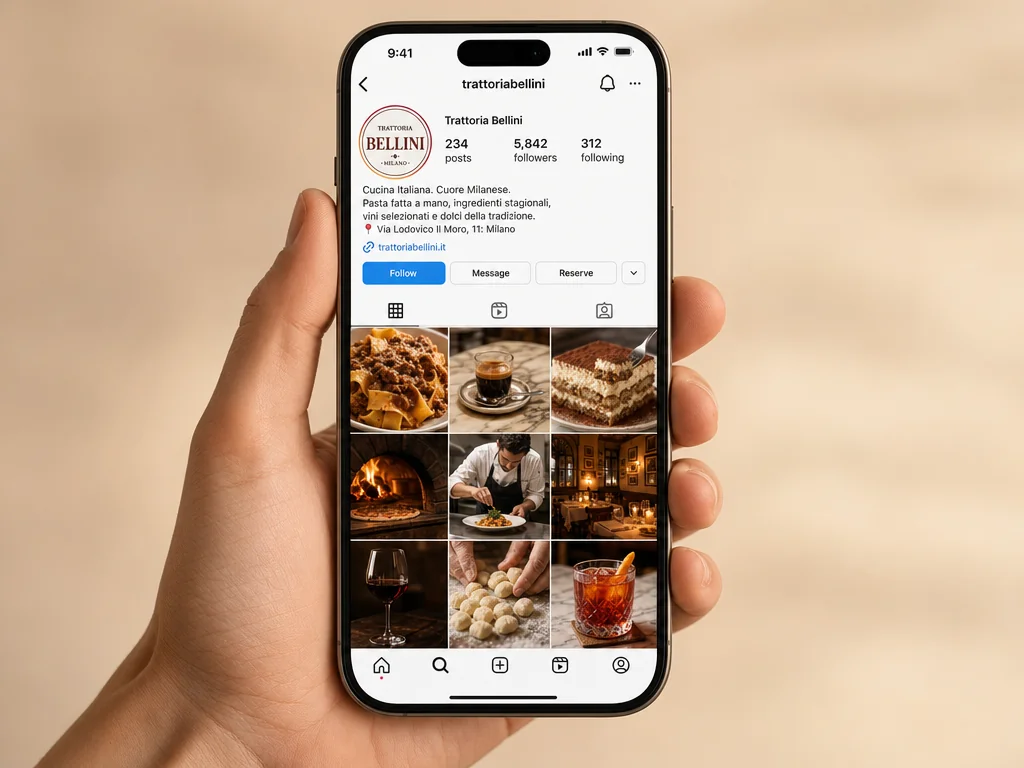 iPhone showing a 9-tile Instagram profile grid for a fictional Italian trattoria with pasta, pizza, espresso, and tiramisu posts