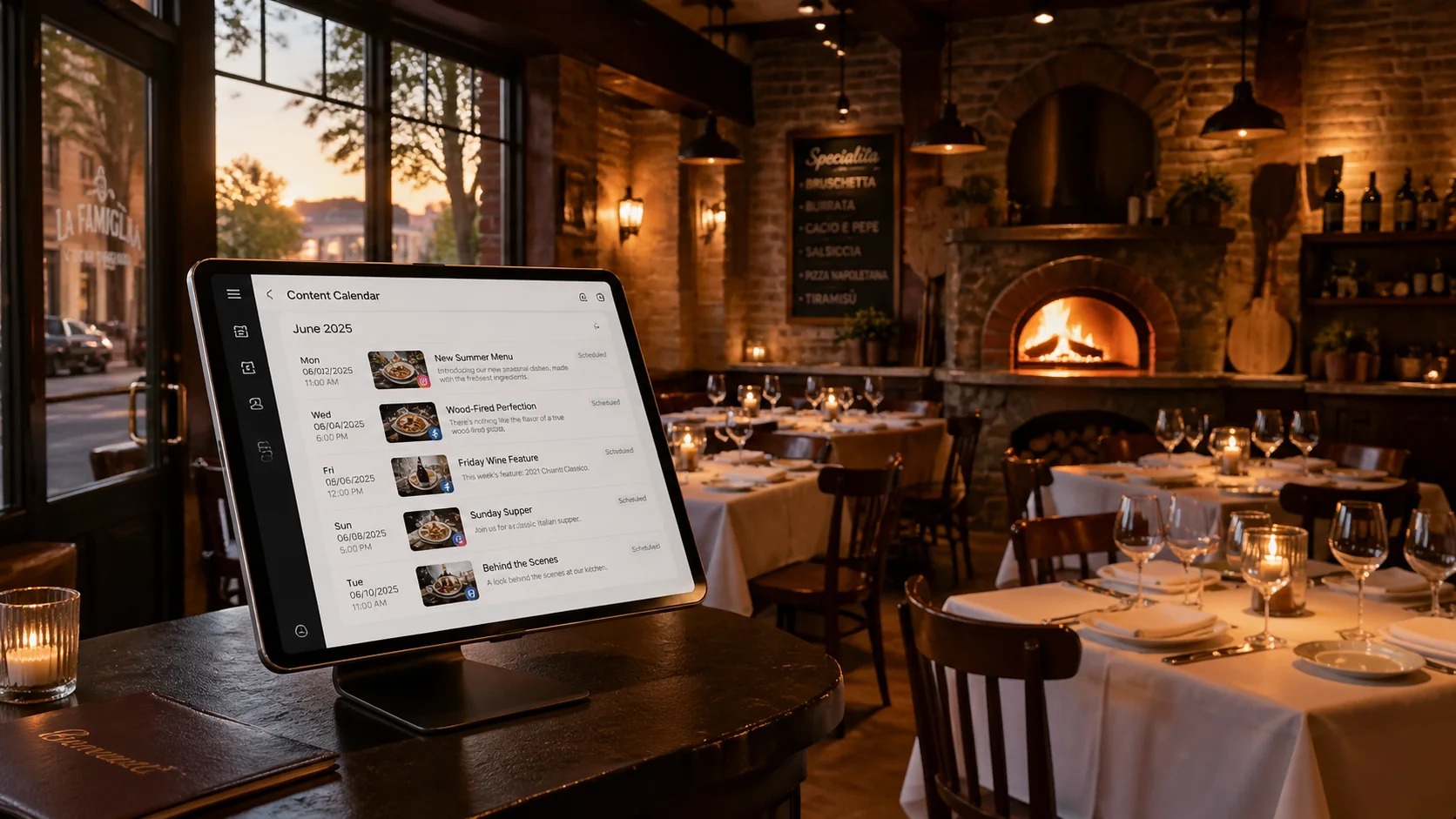Warm cozy Italian ristorante interior with brick pizza oven and an iPad at the host stand showing a content calendar