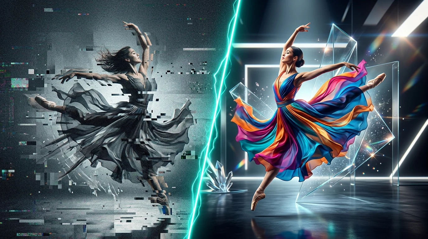 Abstract dual-lane visualization — left labeled Fast with scattered iteration frames, right labeled Standard with a single polished hero frame, connected by glowing teal line