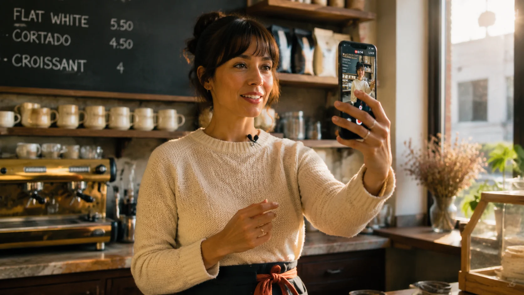 Editorial founder portrait of a small-business owner in her café holding a phone in portrait orientation filming a vertical selfie clip with a clip-on microphone, brass espresso machine and chalkboard menu visible behind her, warm cream and walnut tones