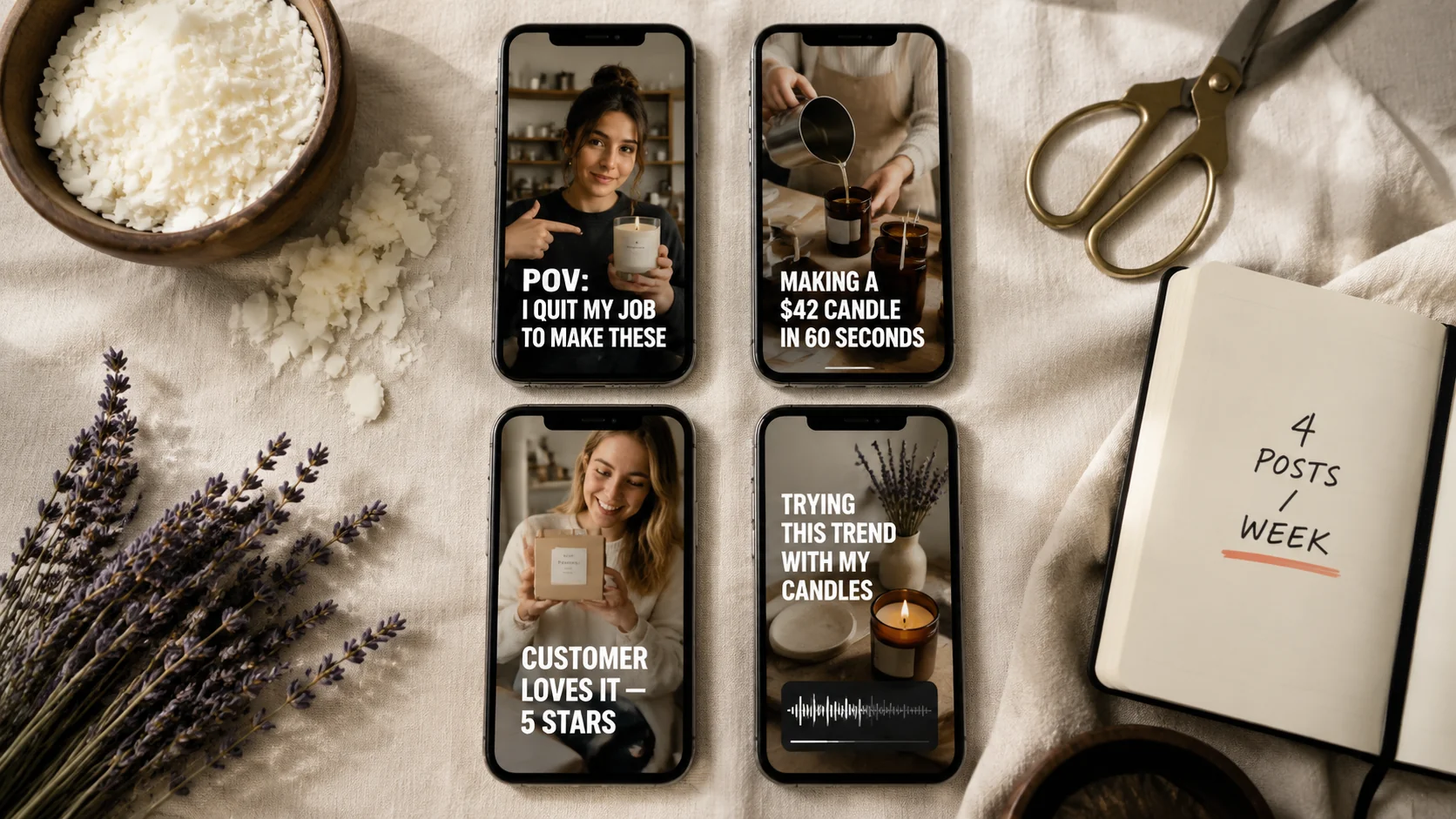 Editorial overhead flat-lay of four smartphones in a 2x2 grid on cream linen, each showing a different vertical-video post mockup for a candle shop — POV founder, product demo, trend ride, and customer testimonial — surrounded by raw soy wax flakes, dried lavender, brass scissors, and a notebook reading 4 POSTS PER WEEK