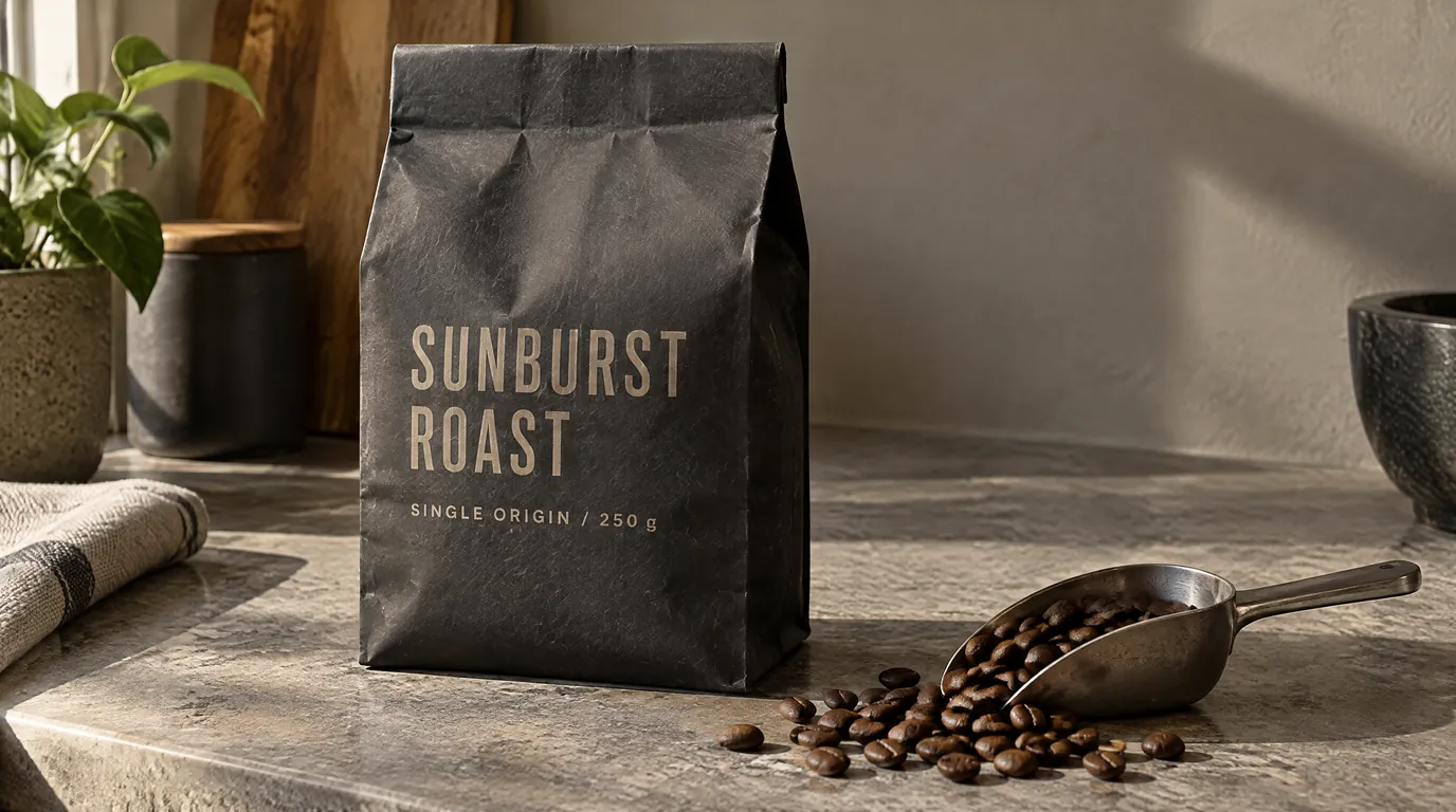 A charcoal coffee bag on a stone counter, its printed label reading Sunburst Roast, generated with GPT Image 2.5