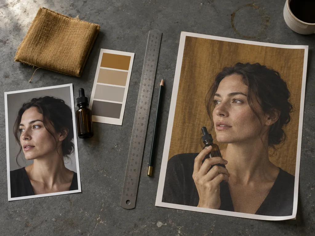 A flat lay of a reference portrait, a linen swatch, a dropper bottle and a colour card beside the finished print they produced