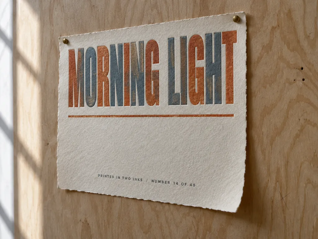 A letterpress poster reading Morning Light pinned to a plywood wall, rendered by the Flare lane