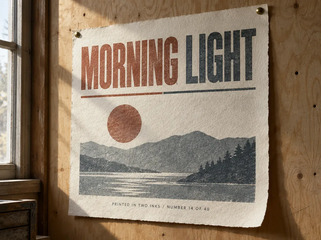 The same Morning Light letterpress poster rendered by the Sunburst lane, with a printed landscape block under the type