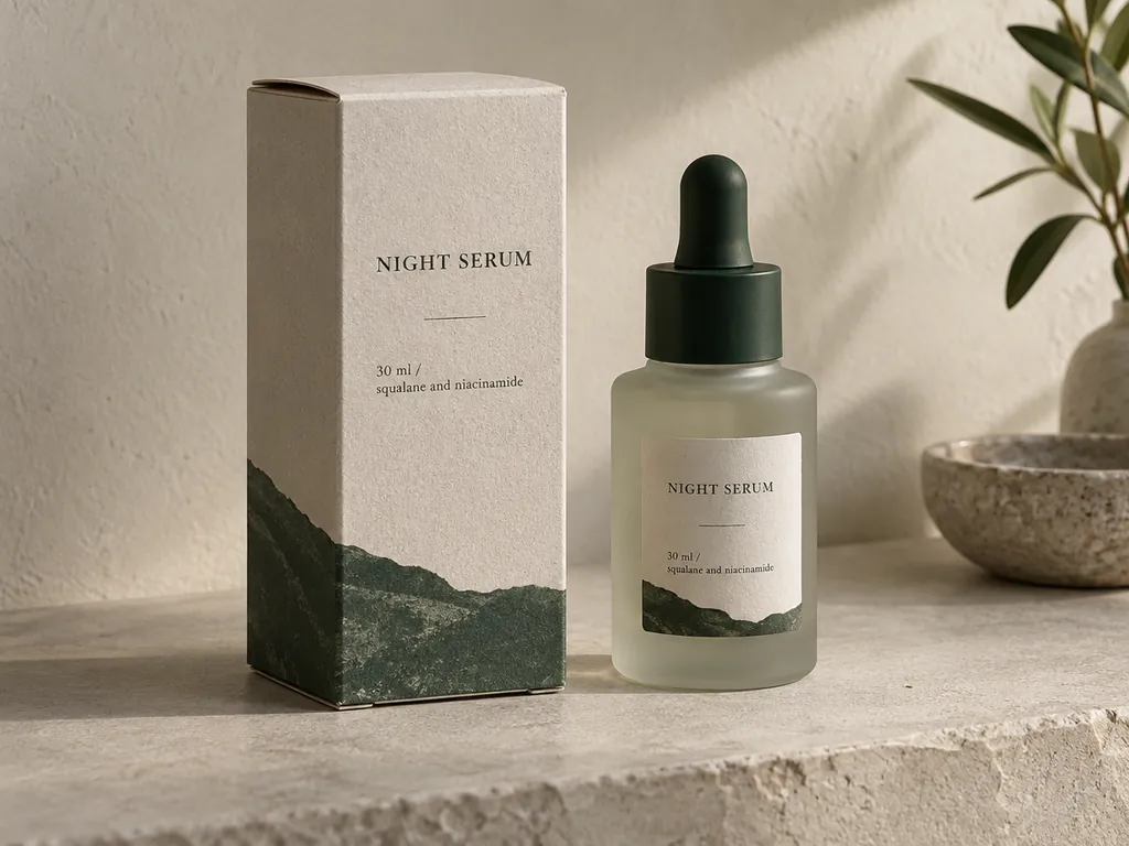 A serum carton and frosted bottle on a plaster shelf, both printed with matching Night Serum type