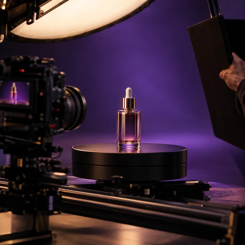 A product bottle turning on a motion control rig under studio lights