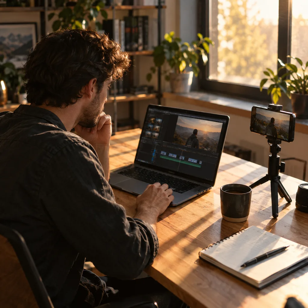 A creator's desk set up mid take