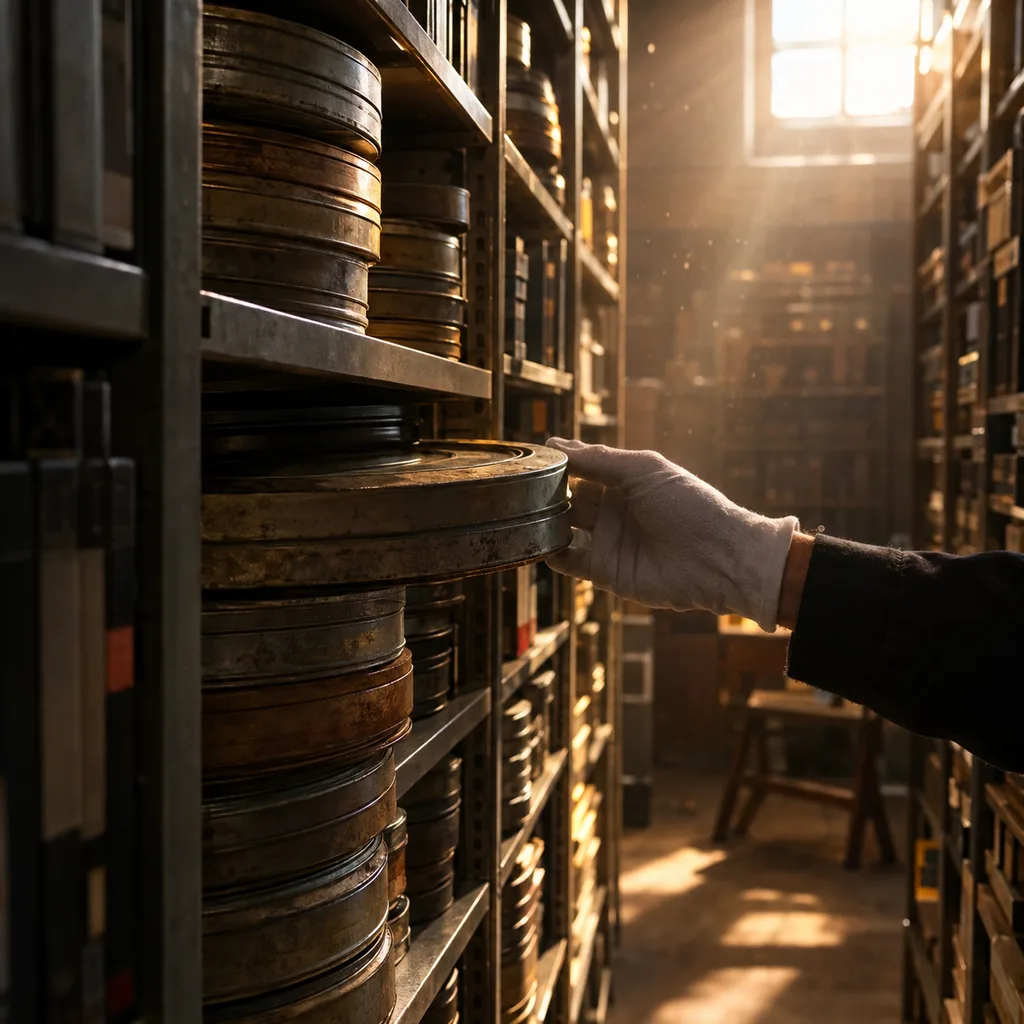 A shelf of archived tape and film reels
